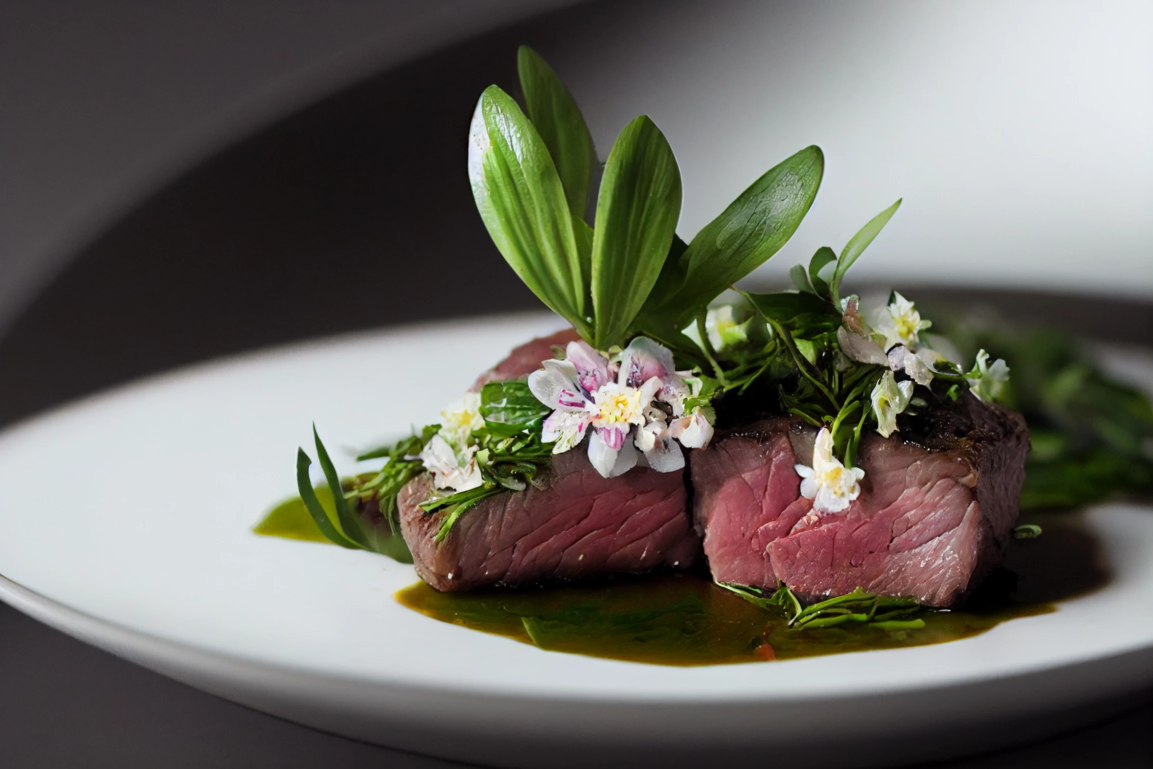 Fine dining delicious lamb loin with ramson leaves and f 9567d23f 3efc 47b1 befb 63d35bf294c2