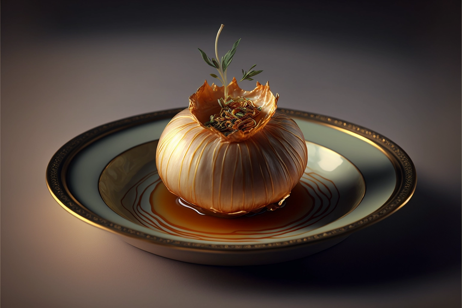 Fine dining dish of a caramelized onion created by AI