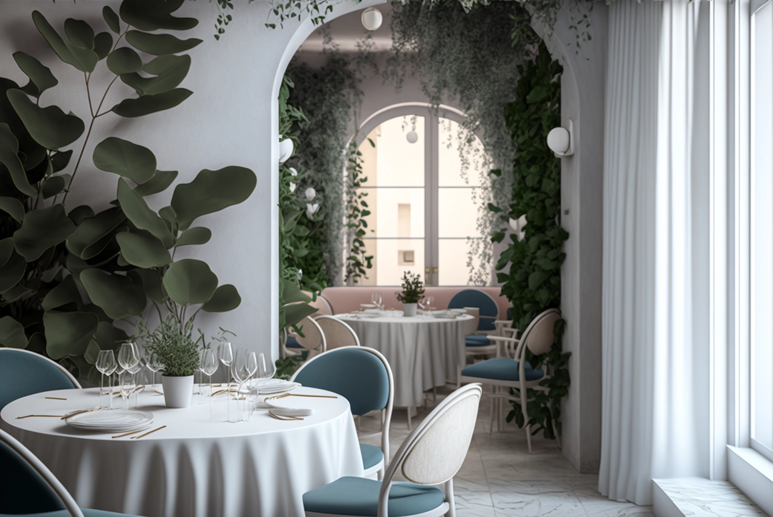 Fine dining minimalist restaurant interior In Athens created by AI