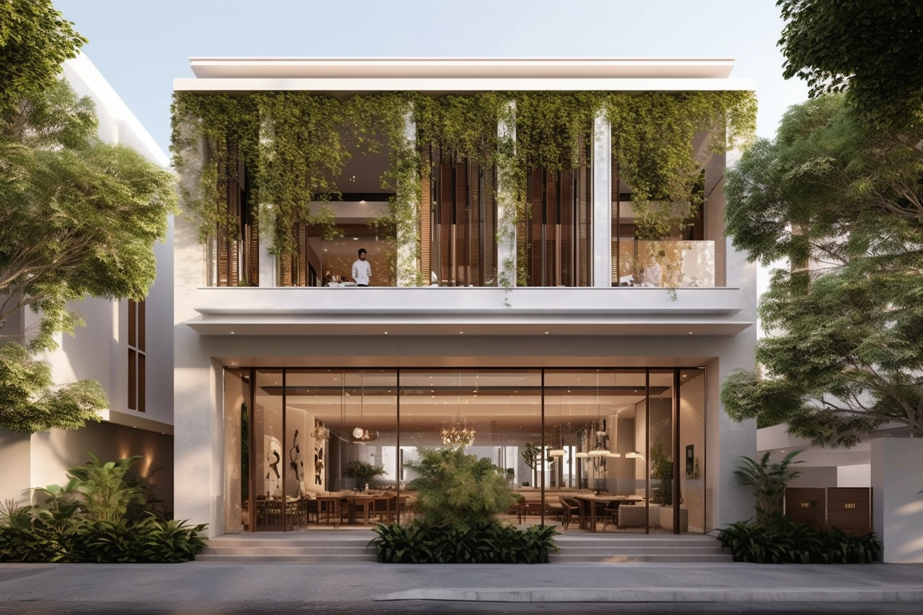 AI Generated restaurant with sleek and modern facade with a minimalist design. The white walls blend harmoniously with the surrounding lush greenery