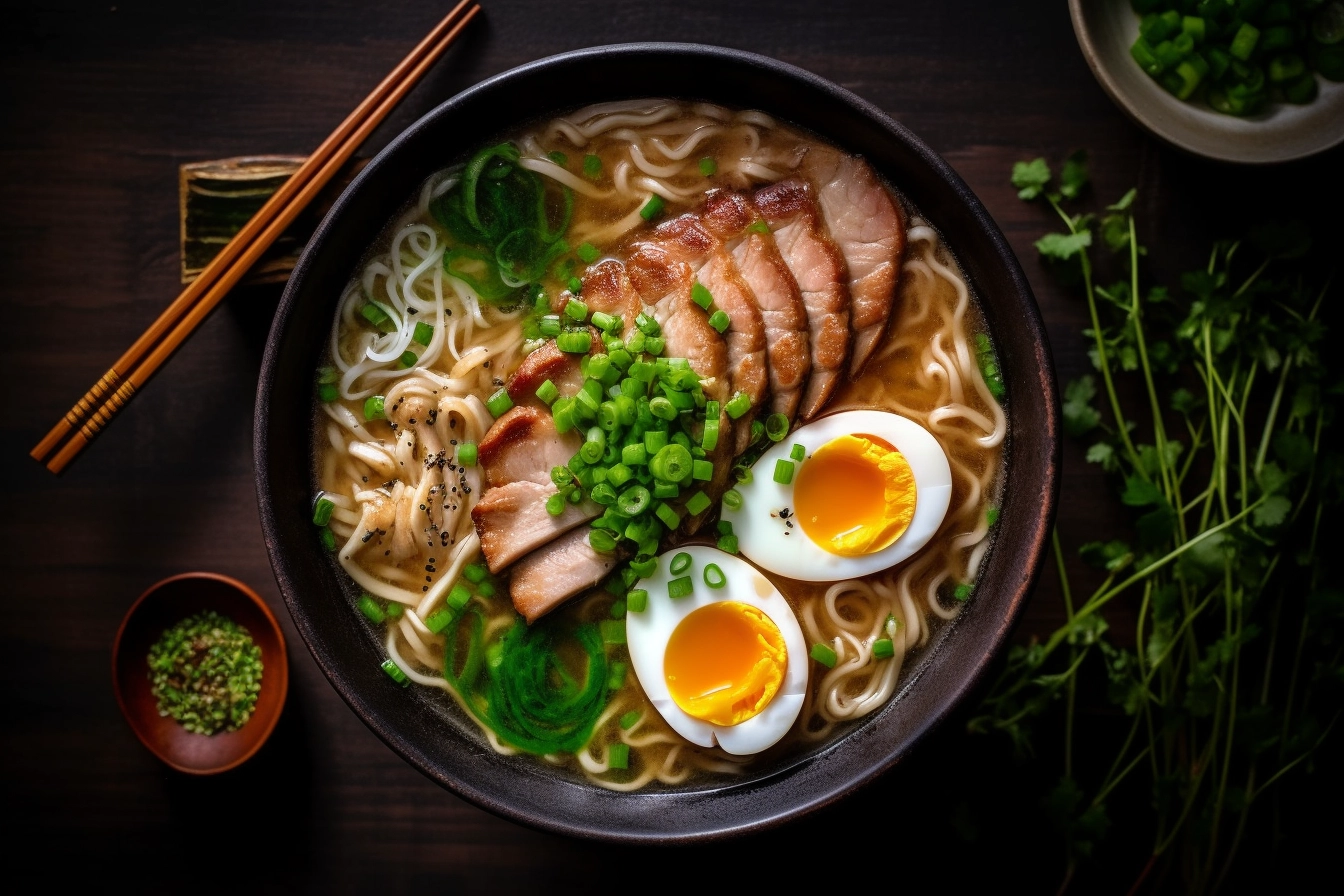 top down shot of a bowl of fine dining Tonkotsu Ramen with sliced pork belly green onions and a soft boiled egg