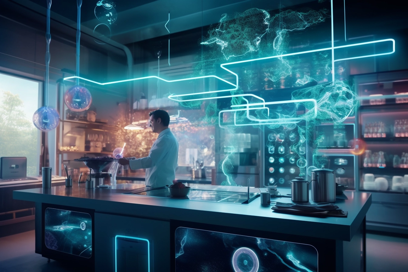 A futuristic kitchen with high tech appliances a scientist using a pipette to add drops to a petri dish and a digital interface displaying molecular structures and AI