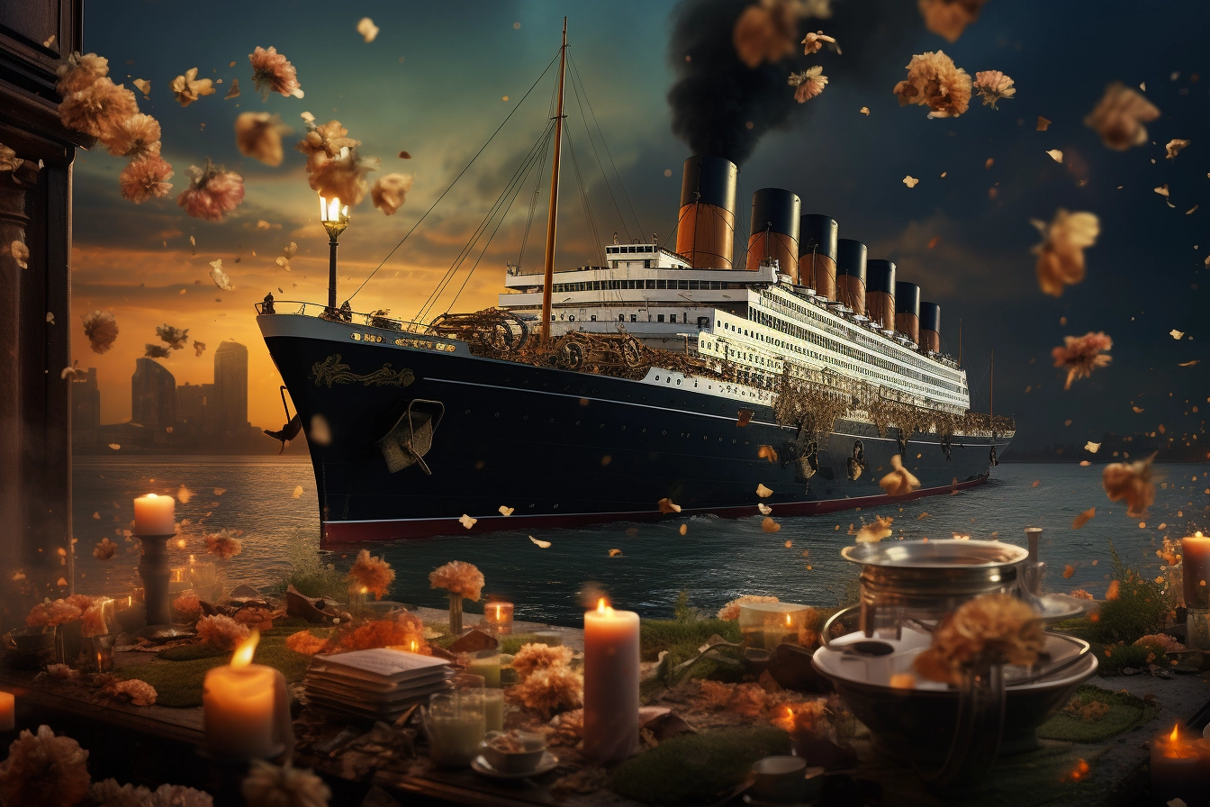 Recreating the Last Menu of the Titanic: A Futuristic Twist with AI Cuisine 4 Image that combines elements of the Titanics historical grandeur and AI powered cuisine