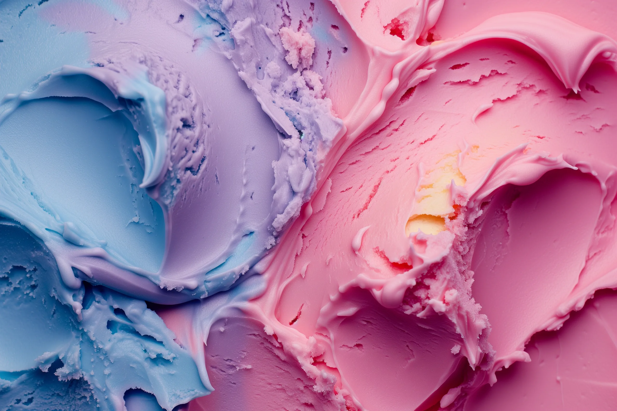 How Does AI Influence the Science of Ice Cream Making? 4 macroscopic photography of ice cream with multiple colors scaled