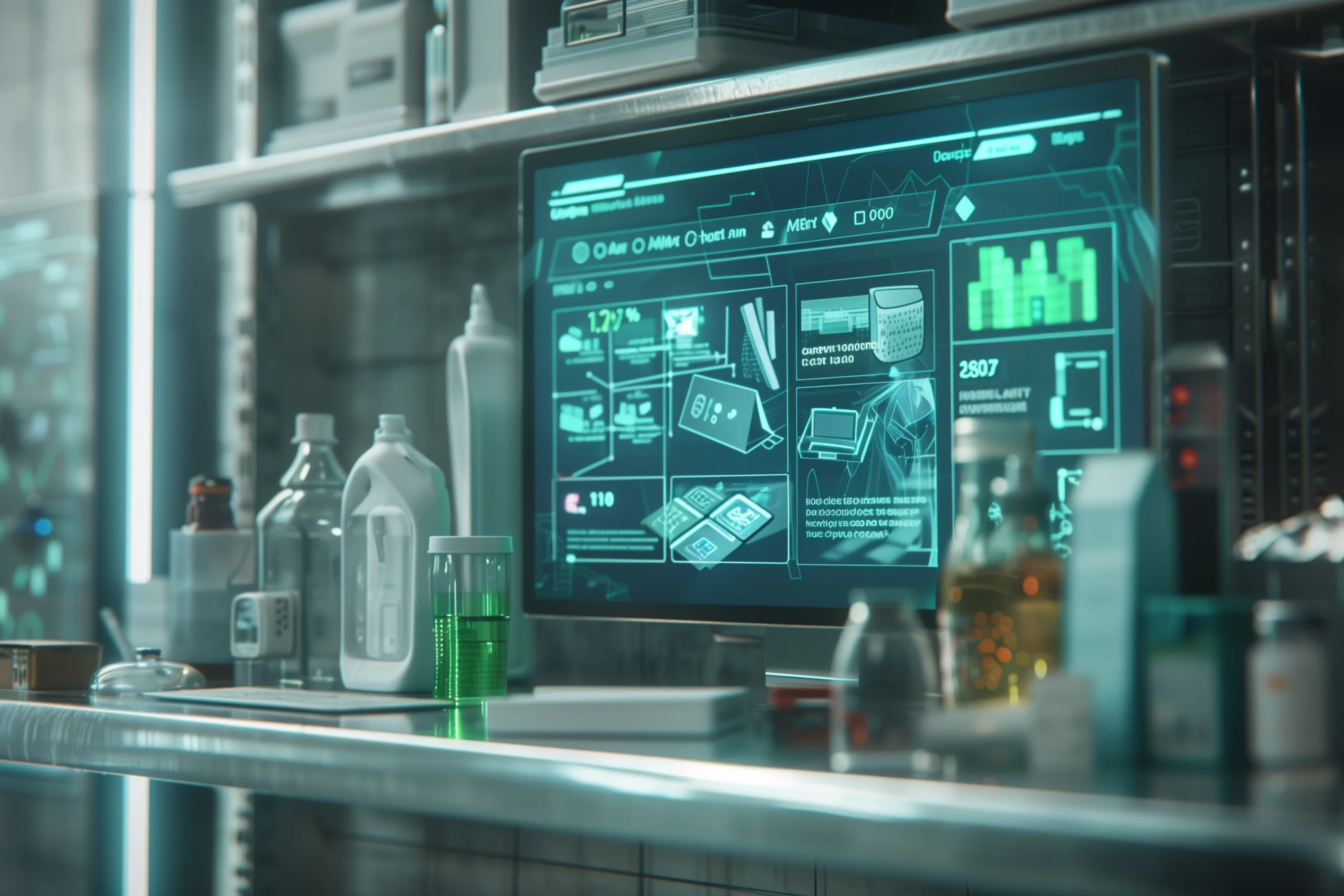 A futuristic computer screen displays various packaging materials each with environmental impact scores scaled