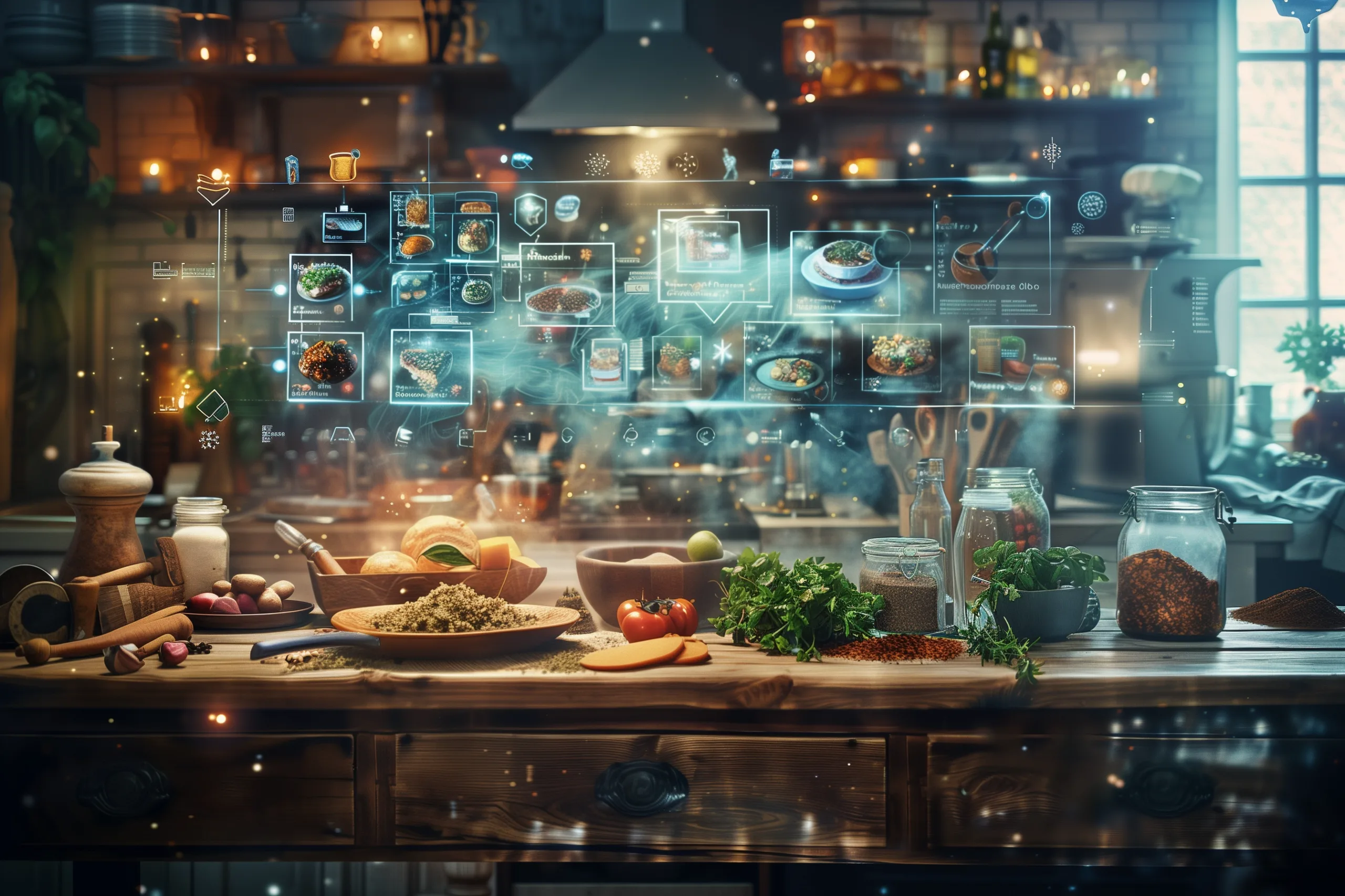 Fusion at the Frontier: AI's Role in Reinventing Traditional Cooking Techniques 3 A visual narrative showcasing the fusion of classic cooking techniques with cutting edge AI technology highlighting the global and innovative spirit of modern gastronom scaled