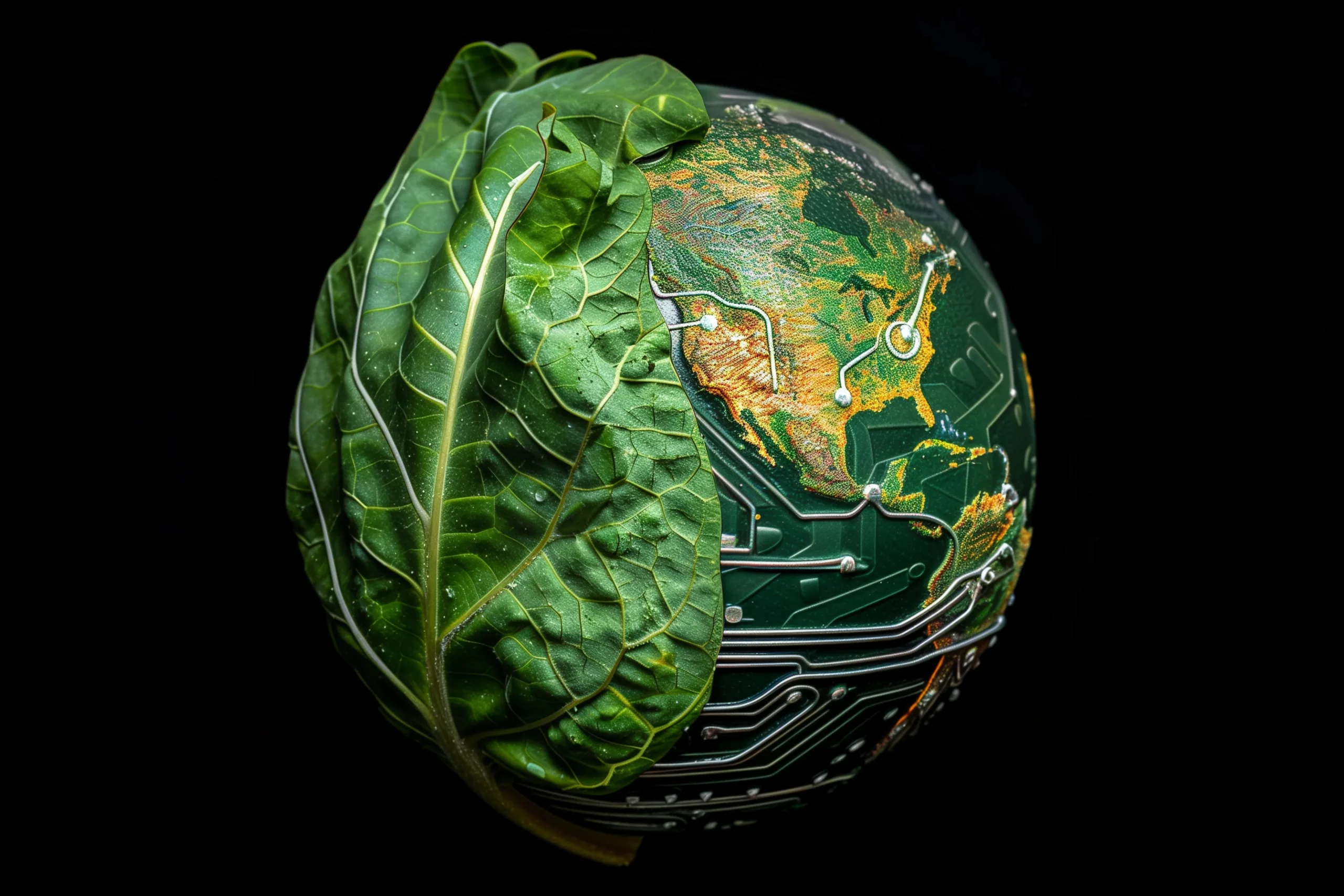 a globe that digitally transforms into a leaf on one side and circuit patterns on the other scaled